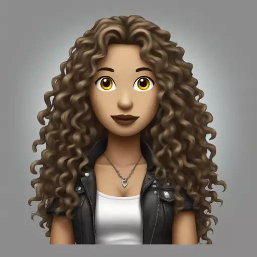 Metalhead woman with long curly brown hair, attractive and seductive emoji