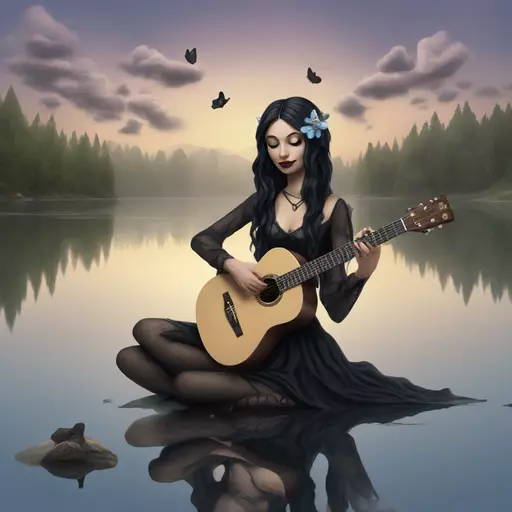 A beautiful brunette gothic fairy woman playing the guitar by a lake. emoji