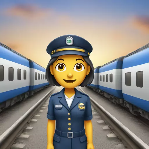 female train conductor with a train in the background emoji