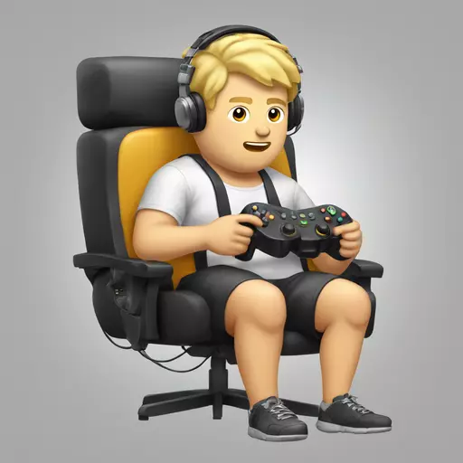 Blond short hair fat guy sitting on his sweaty gaming chair with a headset on his head and a controller in his hand emoji