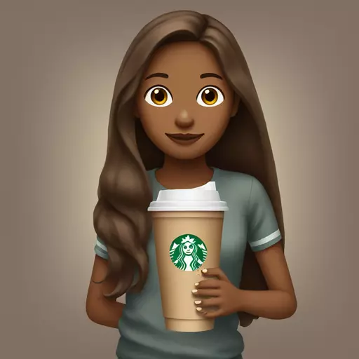 A girl with long brown hair holding a Starbucks drink emoji
