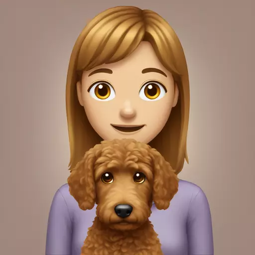Girl with brown bangs and golden doodle smiling emoji emoji
