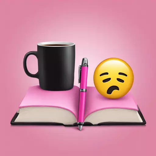big pink book and a pen with the word BUSY in black bold font on it. a cup of coffe and alarm emoji