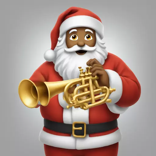Santa claus holding a trumpet and shrugging emoji