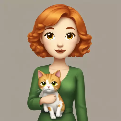 A red-haired Chinese beauty with a short haircut, dressed in a chic French-style outfit, posing with her chubby green-eyed golden cat. emoji