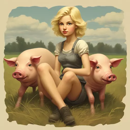 blond very dirty, bare girl 14 y.o., with disheveled hair, sitting on a pig in a field with pigs, by Igor Grabar, by Sergei Sviatchenko, by Alexander Deyneka, soviet propaganda style, in a soviet propaganda style, in style of stanislav vovchuk, by Alexander Litovchenko, by Aleksander Kotsis, by Serge Sudeikin, by Alexander Kucharsky. Any text and symbols are missing. FRONT view emoji