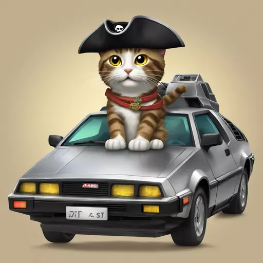 A pirate cat riding the DeLorean time machine emoji