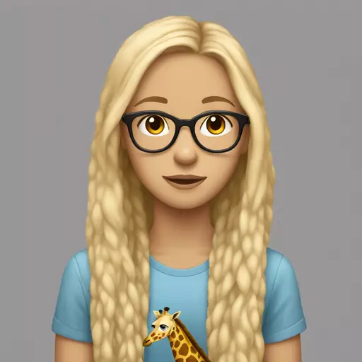 A blonde teenager wearing glasses with long hair. Her glasses have a giraffe motif all around but no animal emoji