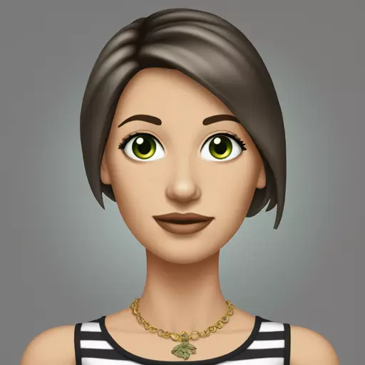 Caucasian woman, green eyes, dark brown, shoulder-length straight hair, 40 years old, winged eyeliner, striped top, dress size 42, tattoos on both forearms. emoji