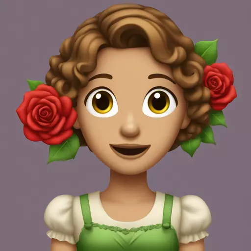 A girls with brown hair and green eyes and a red rose in her hair and she’s singing on stage  emoji