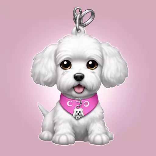 Maltese Bichon emoji with dog tag shaped as a bone and dog collar color pink and transparent background emoji