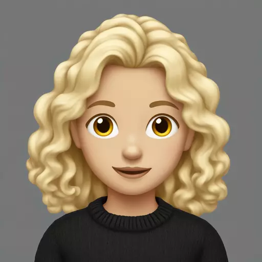The girl is blonde, white, with wavy hair, in a black sweater emoji