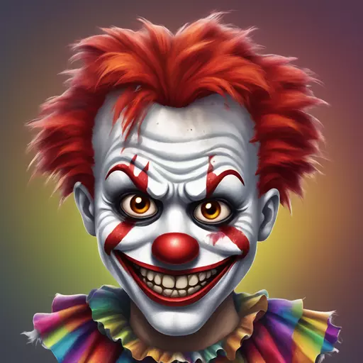 A highly detailed scary clown emoji, exaggerated evil grin with sharp, jagged teeth, wild bloodshot eyes, smeared white face paint with dark smudges, bright red messy hair sticking out in tufts, tattered rainbow outfit splattered with grime, unsettling shadowed background, hyper-expressive and creepy, cartoon emoji style but with intense horror elements. emoji