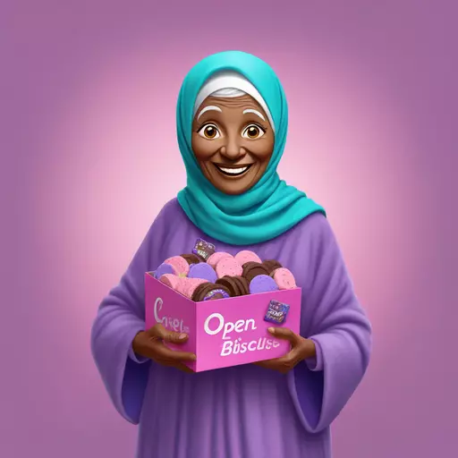 A cheerful elderly woman wearing a lavender hijab and matching long dress, holding an open purple and pink box of chocolate biscuits with Arabic text on it. She has a bright smile on her face. She is draped with a vibrant turquoise faux fur stole. The background is a soft pink. Floating around her are large, textured, purple crescent moons and chocolate biscuits that appear to be falling from the box. There are Arabic texts on the box and in a speech bubble, along with app store icons for Google Play and the App Store at the bottom right. The overall scene is lively and colorful, emphasizing joy and indulgence. emoji