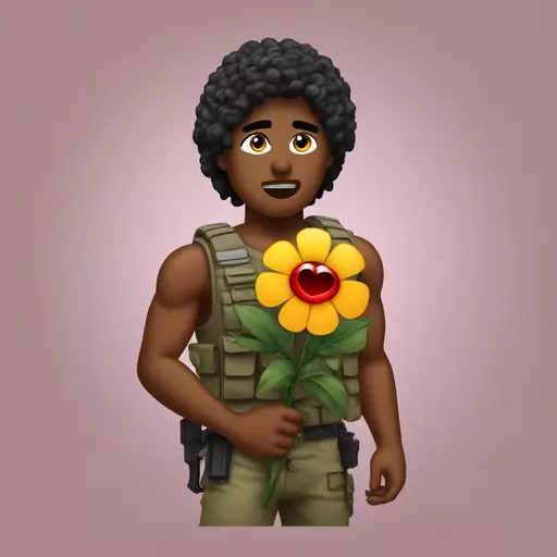 Rambo with a flower and a heart saying no more gunning emoji