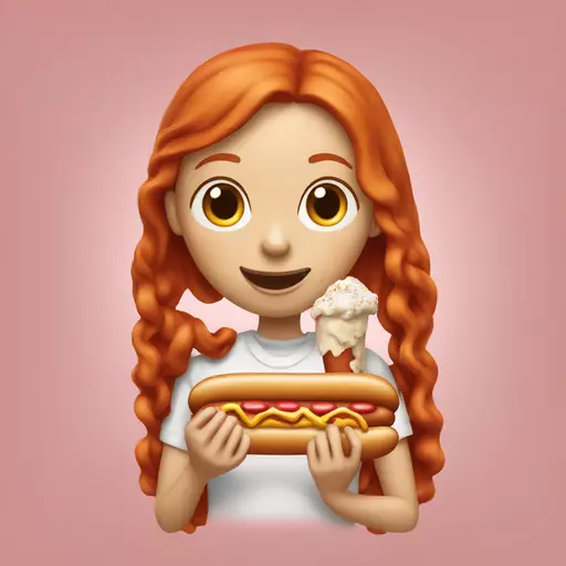 A red head girl eating a hot dog covered with frosting emoji