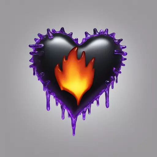 3D render of the black heart emoji covered in semi-translucent dark icicles that hang down from the bottom half. The heart wears a black spiked collar of purple with a fiery flame design along the band. The heart is standing on its point with a transparent background. emoji