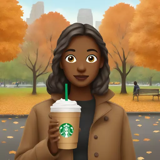 A girl in autumn in a park in New York with an iced Starbucks coffee in hand emoji