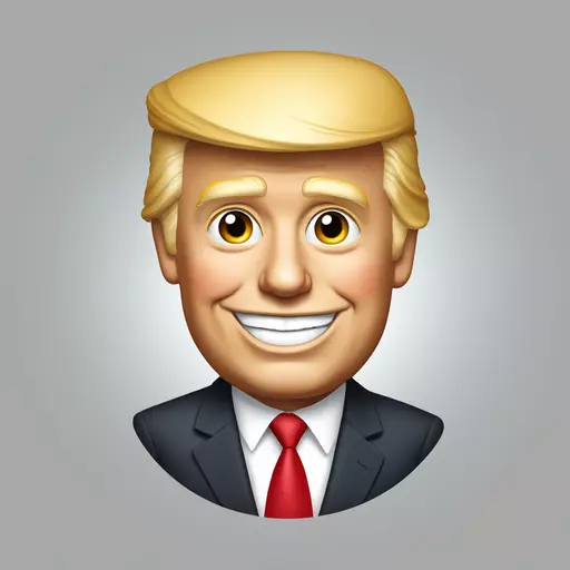 A highly detailed emoji-style caricature of Donald Trump as president, with exaggerated hair, wearing a dark suit, red tie, and an American flag pin, smiling confidently, simplified facial features but instantly recognizable, bright colors, minimal shading, clean vector-style, circular emoji frame, white background. emoji